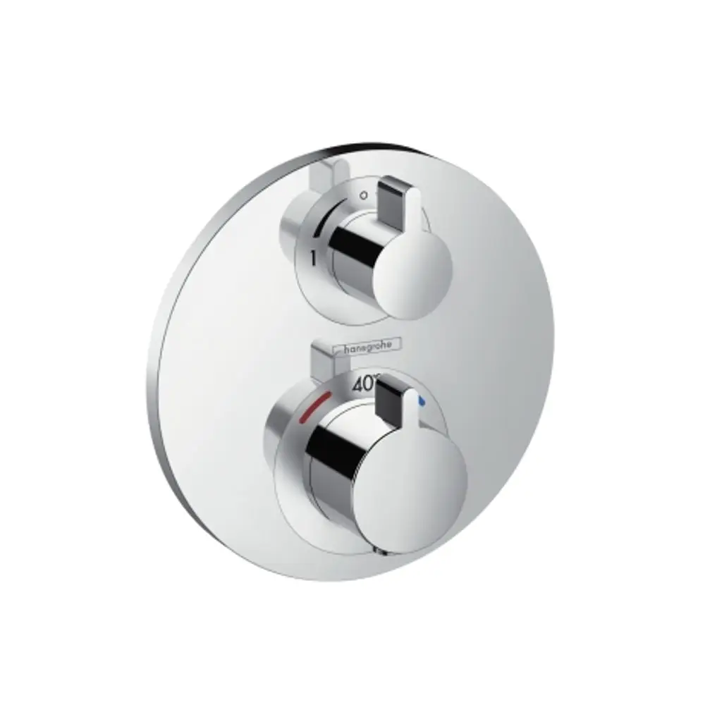 Thermostat mit zwei Reglern zur Temperatur- und Wassermengensteuerung. Oberfläche in Chrom, geeignet für Unterputzinstallation. Marke: Hansgrohe.